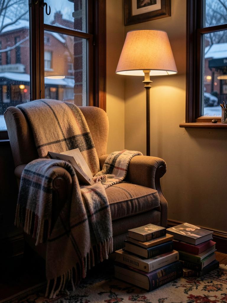 Уютный уголок кофейни с креслом, торшером и книгами